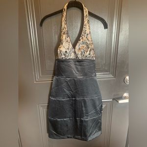 Black satin and silver dress with lace detail, mid thigh, size 5, with tags!!